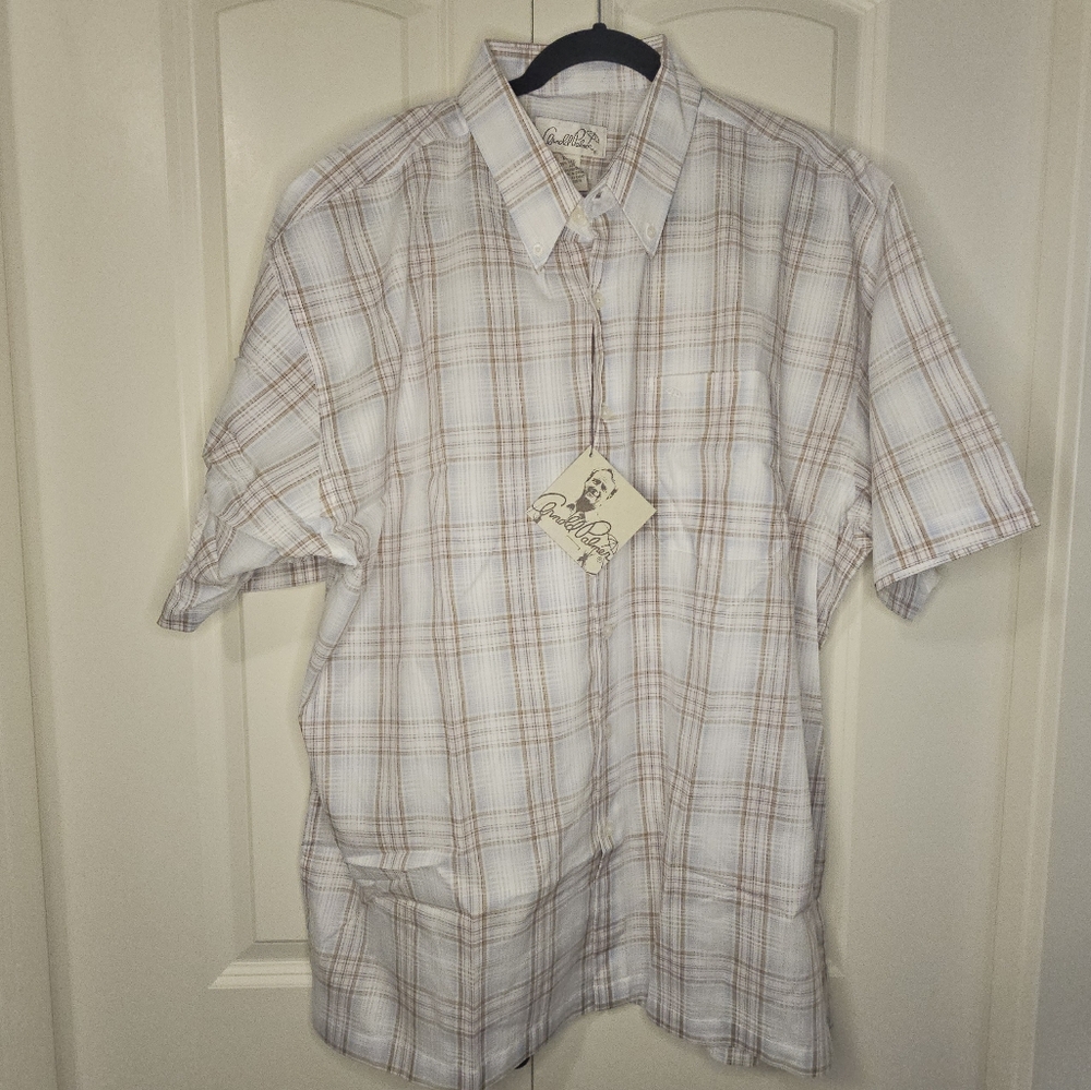 Arnold Palmer Vintage  NWT Men's Plaid White/Tan/Blue SS Button Up Shirt SZ XL